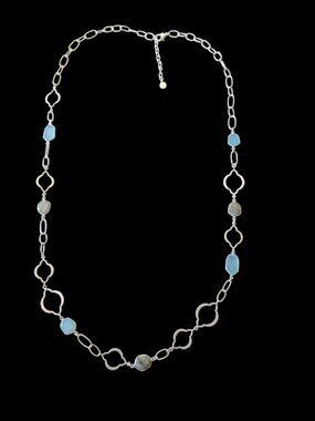 Stella & Dot Silver Tone Arabesque Link Aqua Amazonite And Labradorite 35.5"
